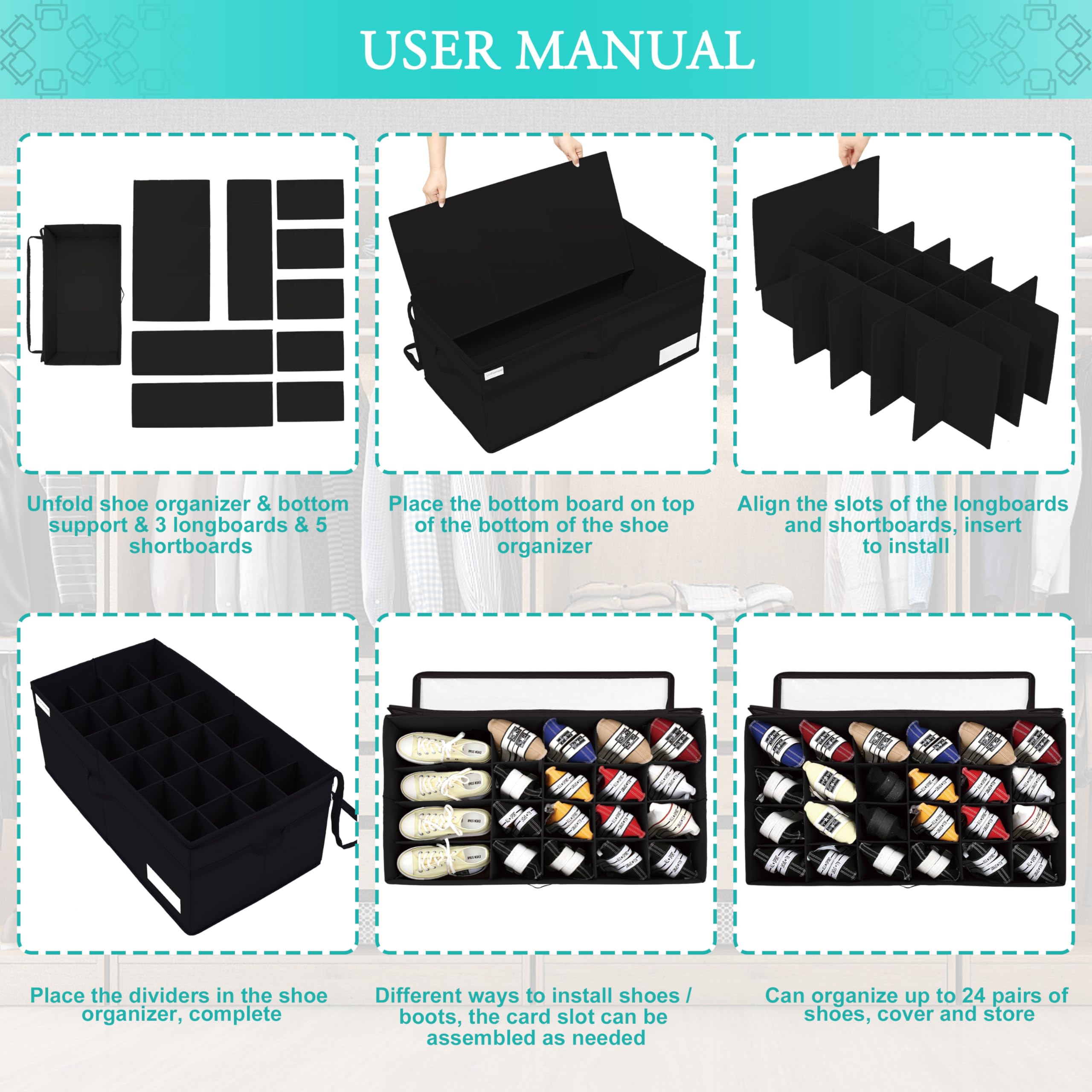 Luvhomee shoe storage organizer reinforced handles provide easy lifting and transport.