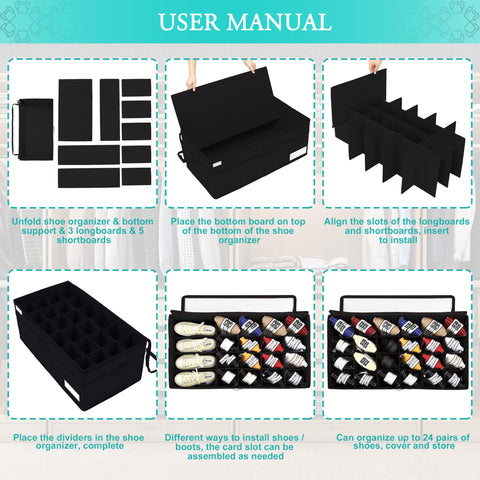 Luvhomee shoe storage organizer reinforced handles provide easy lifting and transport.