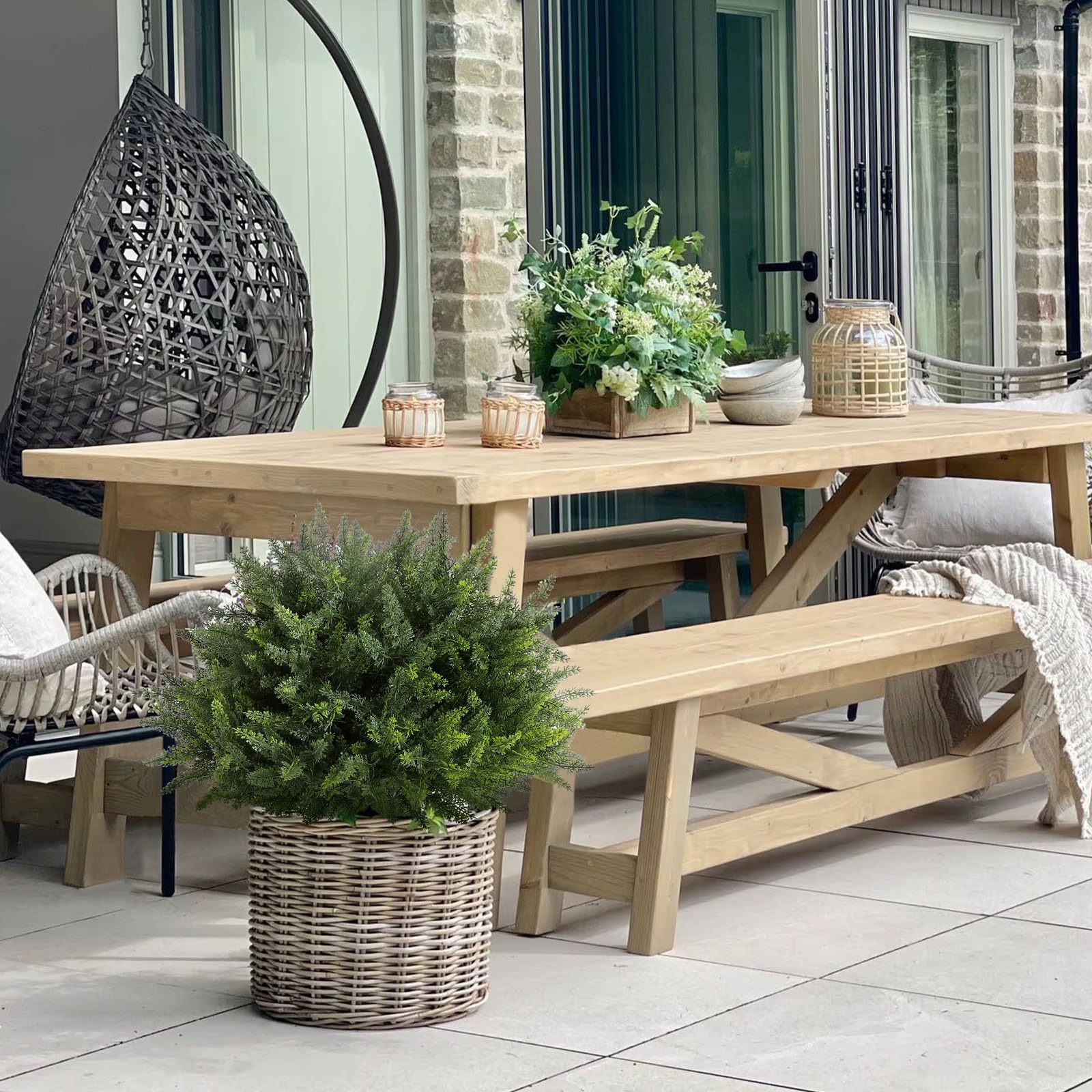 LUWENER UV resistant faux cedar shrub suitable for indoor and outdoor spaces.