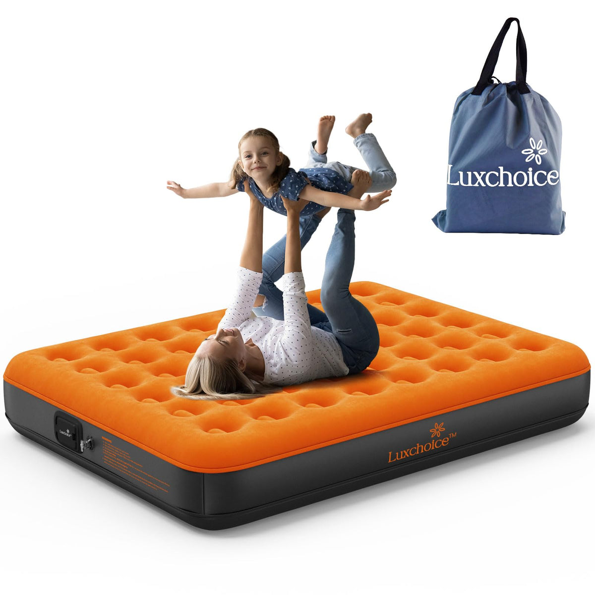 Luxchoice air mattress queen front view highlighting durable construction for indoor and outdoor comfort.