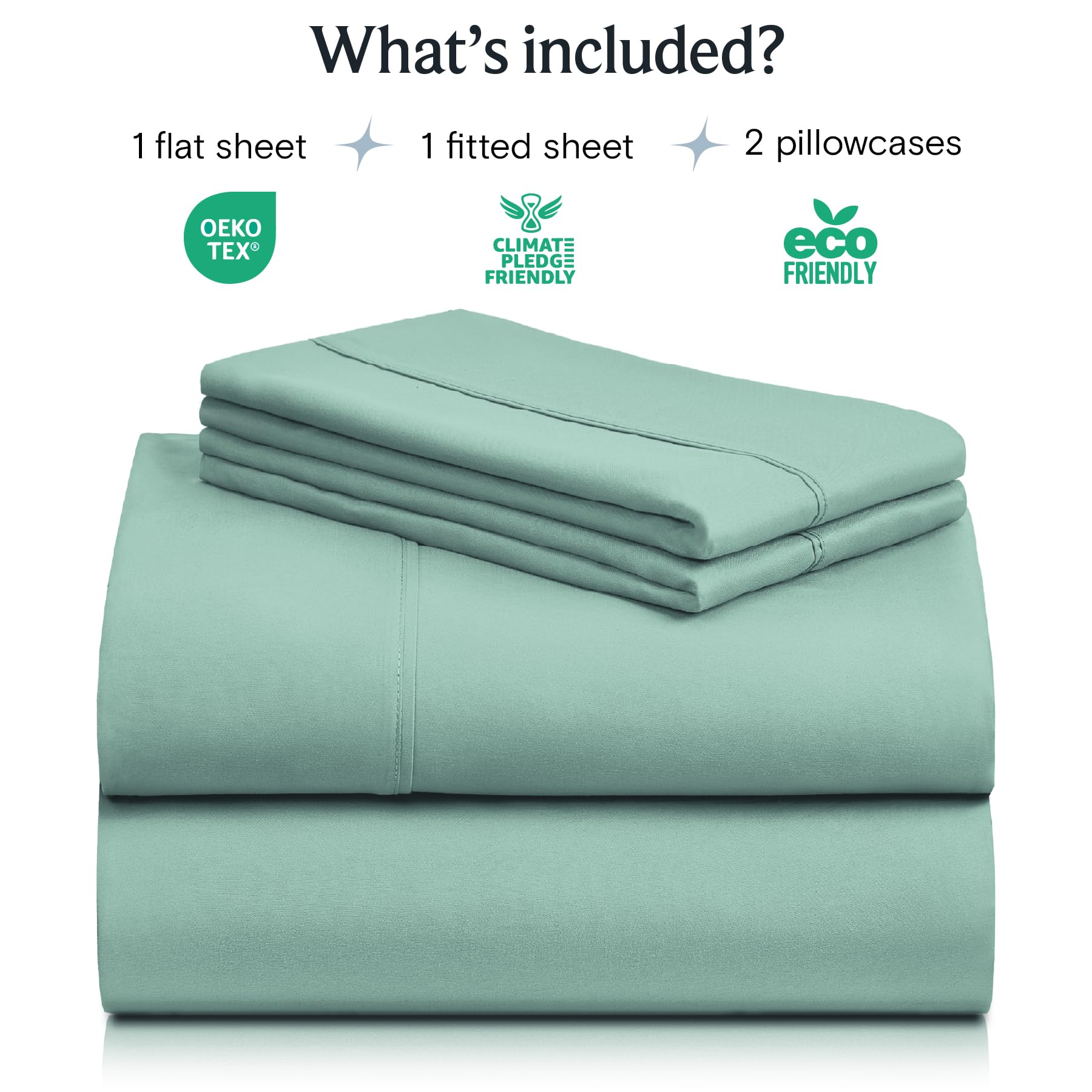 LuxClub light teal queen sheets on bed, smooth surface with secure deep pockets.