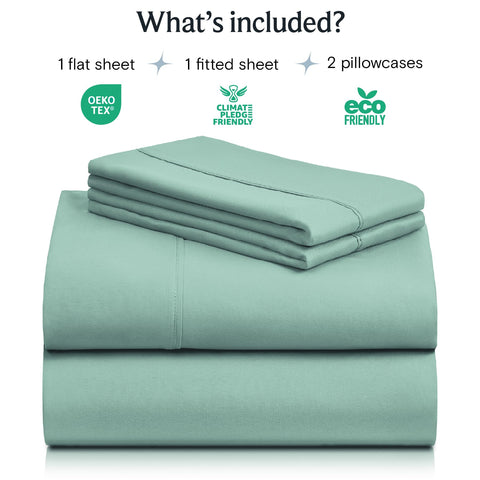 LuxClub light teal queen sheets on bed, smooth surface with secure deep pockets.