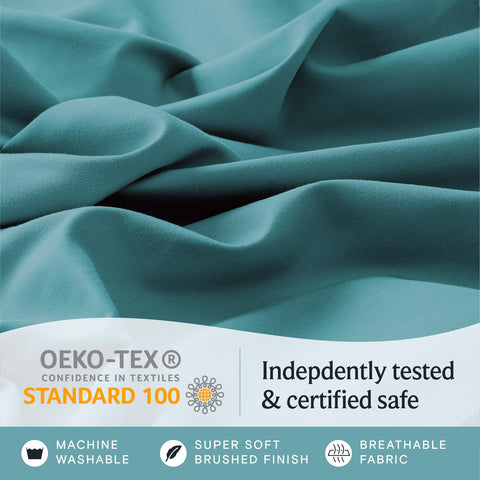 LuxClub wrinkle-resistant finish on teal sheets demonstrates easy-care luxury