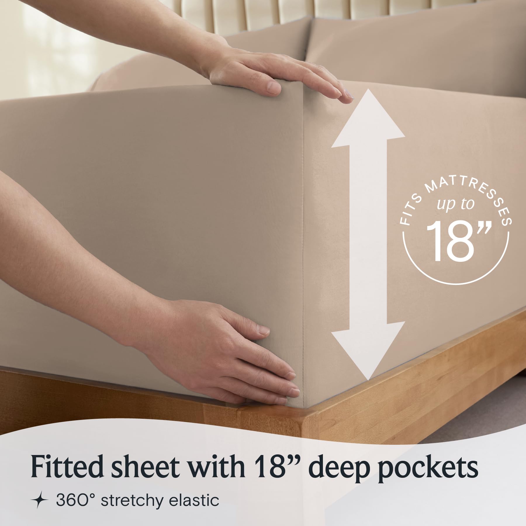 LuxClub light khaki queen sheet set on a neatly made bed