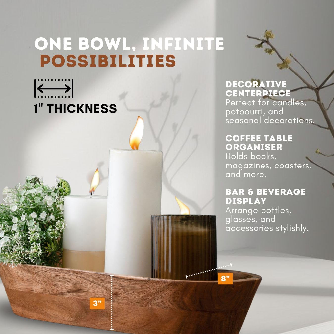Luxe Designs hand-carved acacia dough bowl showcases grain detail for display.