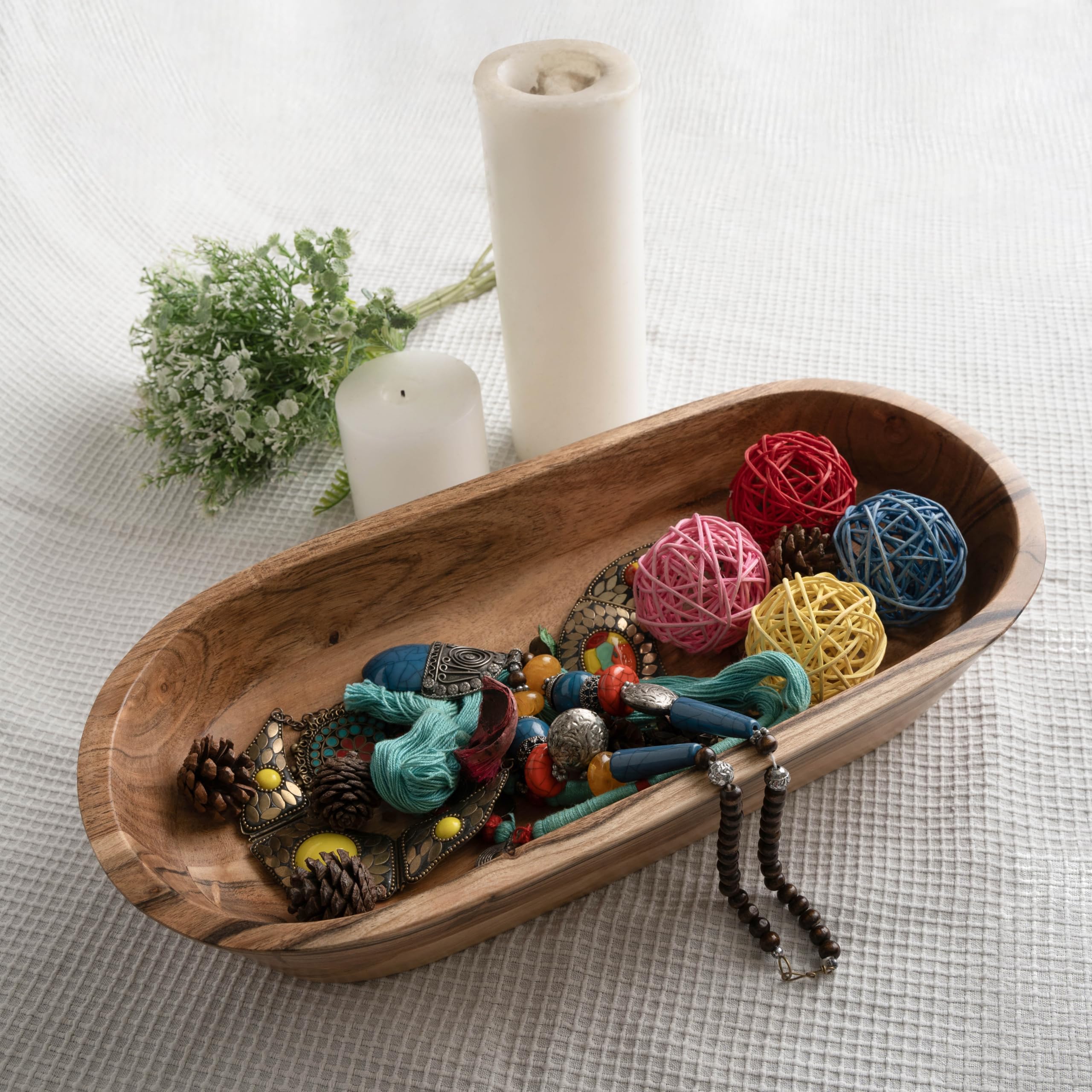Luxe Designs long decorative dough bowl fits mantels or counters as a chic accent.