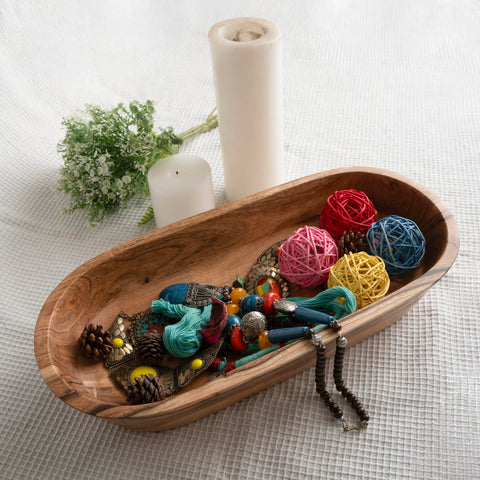 Luxe Designs long decorative dough bowl fits mantels or counters as a chic accent.