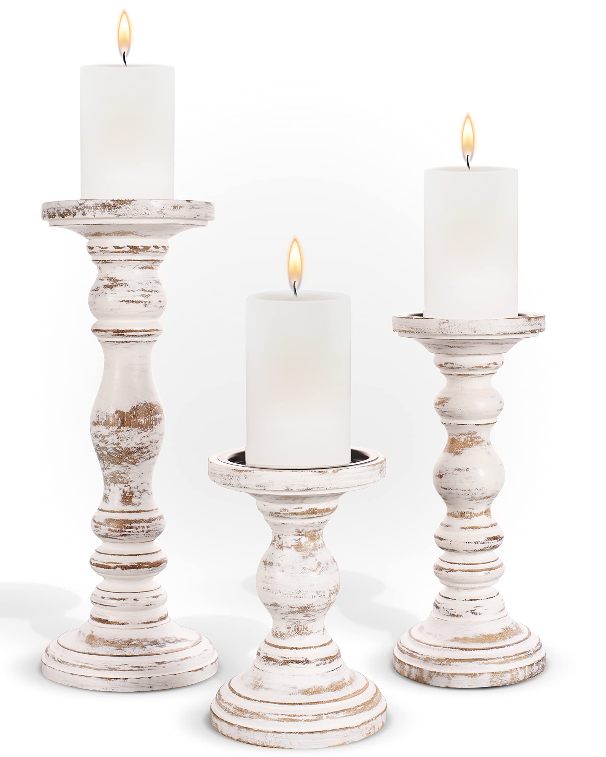 Luxe Designs pillar candle holders 3pc white set on table for elegant centerpieces