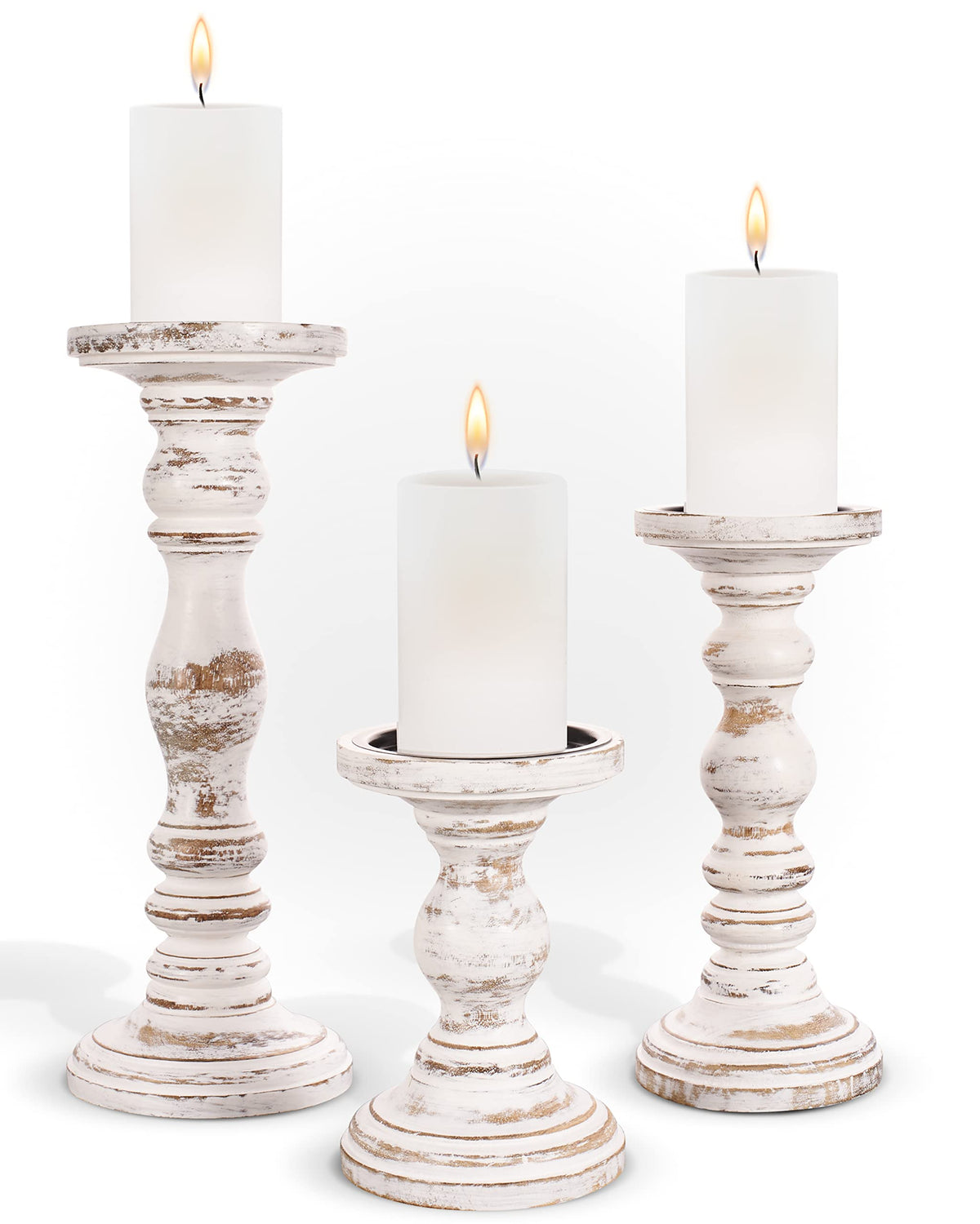 Luxe Designs pillar candle holders 3pc white set on table for elegant centerpieces