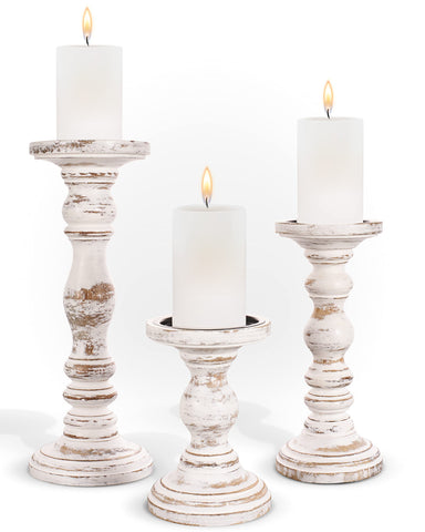Luxe Designs pillar candle holders 3pc white set on table for elegant centerpieces