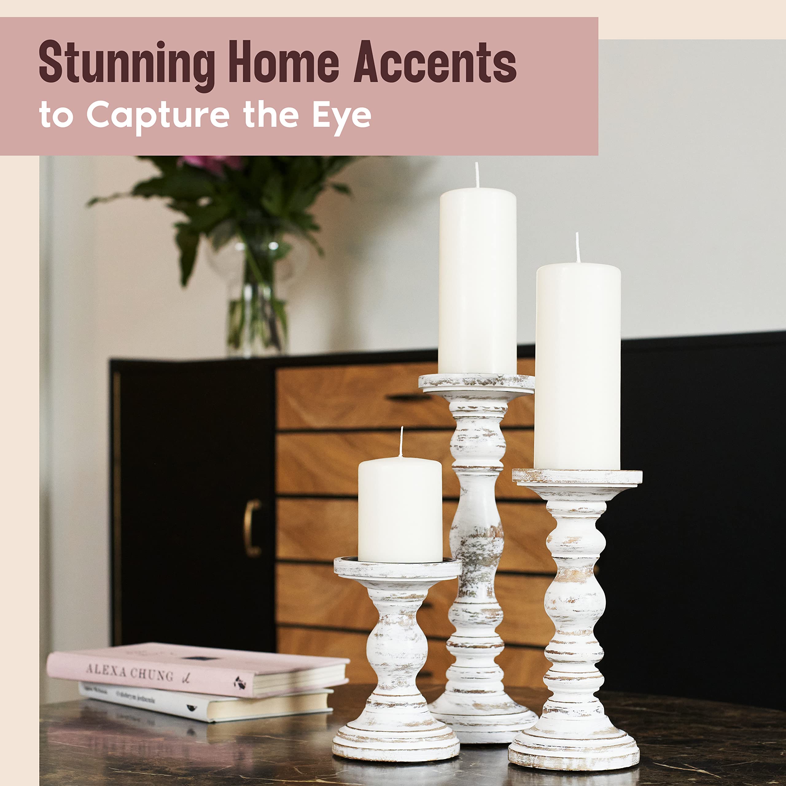 Luxe Designs three-piece candle holders ideal for fireplace mantel displays