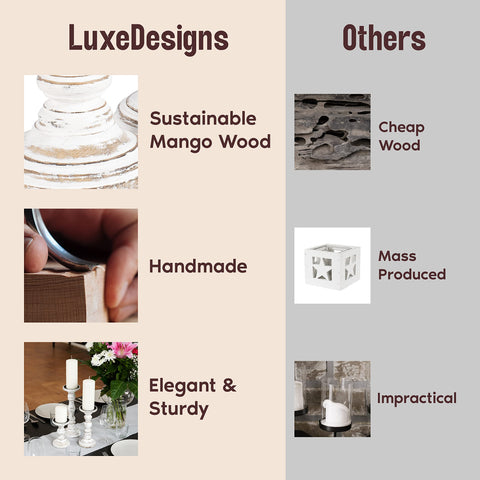 Luxe Designs white pillar holders showcased as rustic table centerpiece with warm glow