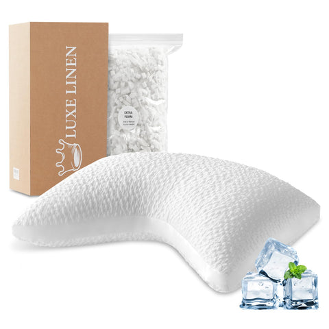 Luxe Linen cooling contour pillow with curved design supports neck comfort overnight
