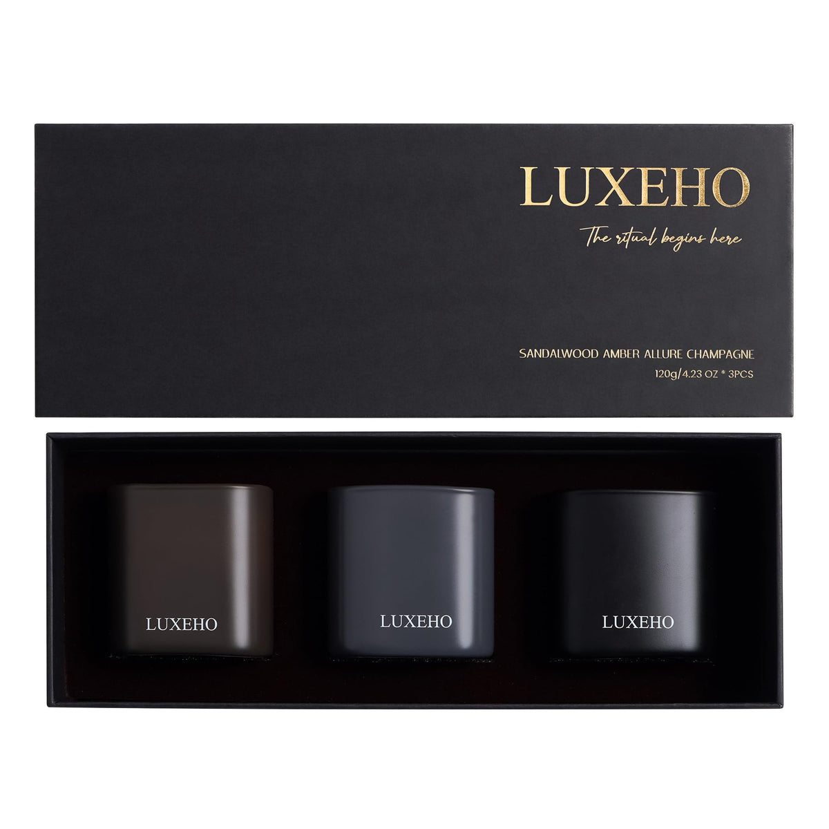 LUXEHO Champagne candle in a black matte jar for luxurious living room ambiance