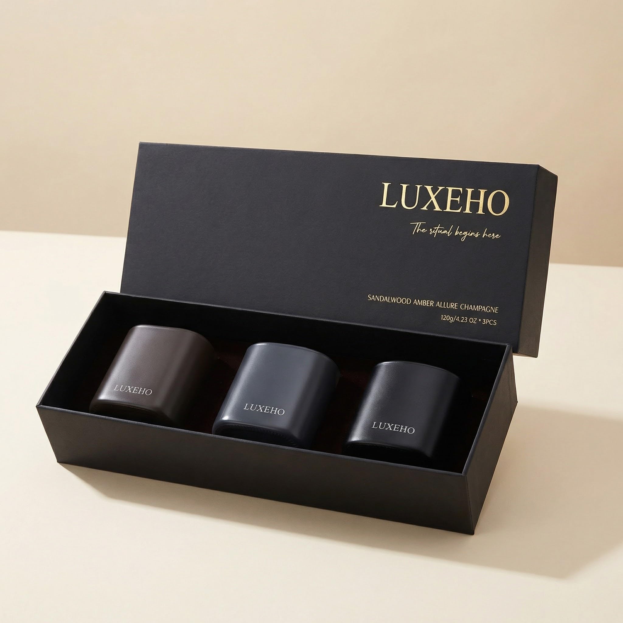 LUXEHO sandalwood candle in a black matte jar for grounding warmth