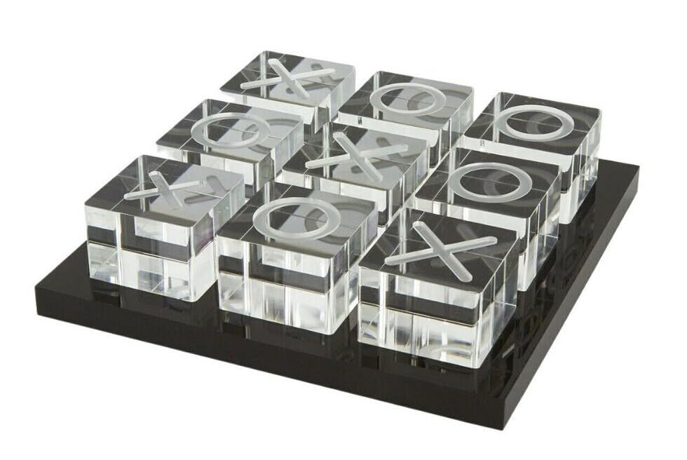 LuxLand Home modern tic tac toe acrylic XO with black base enhances contemporary living room decor.