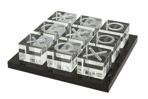 LuxLand Home modern tic tac toe acrylic XO with black base enhances contemporary living room decor.