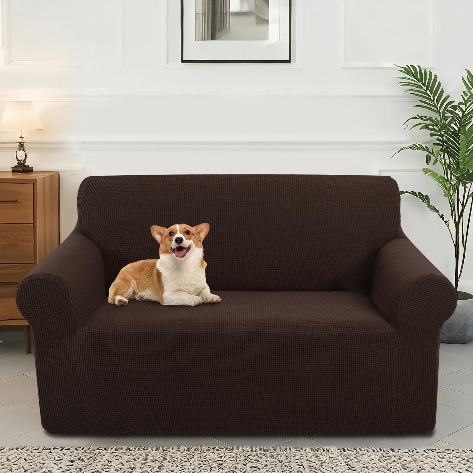 Luxshare Home stretch couch cover on a chocolate loveseat protecting against spills and wear