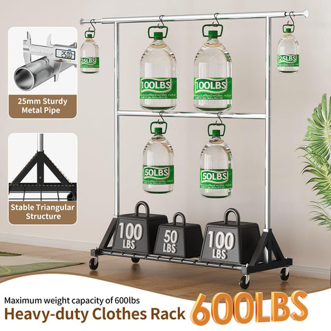 Luxspire heavy duty rack with double rod shows expanded hanging space.