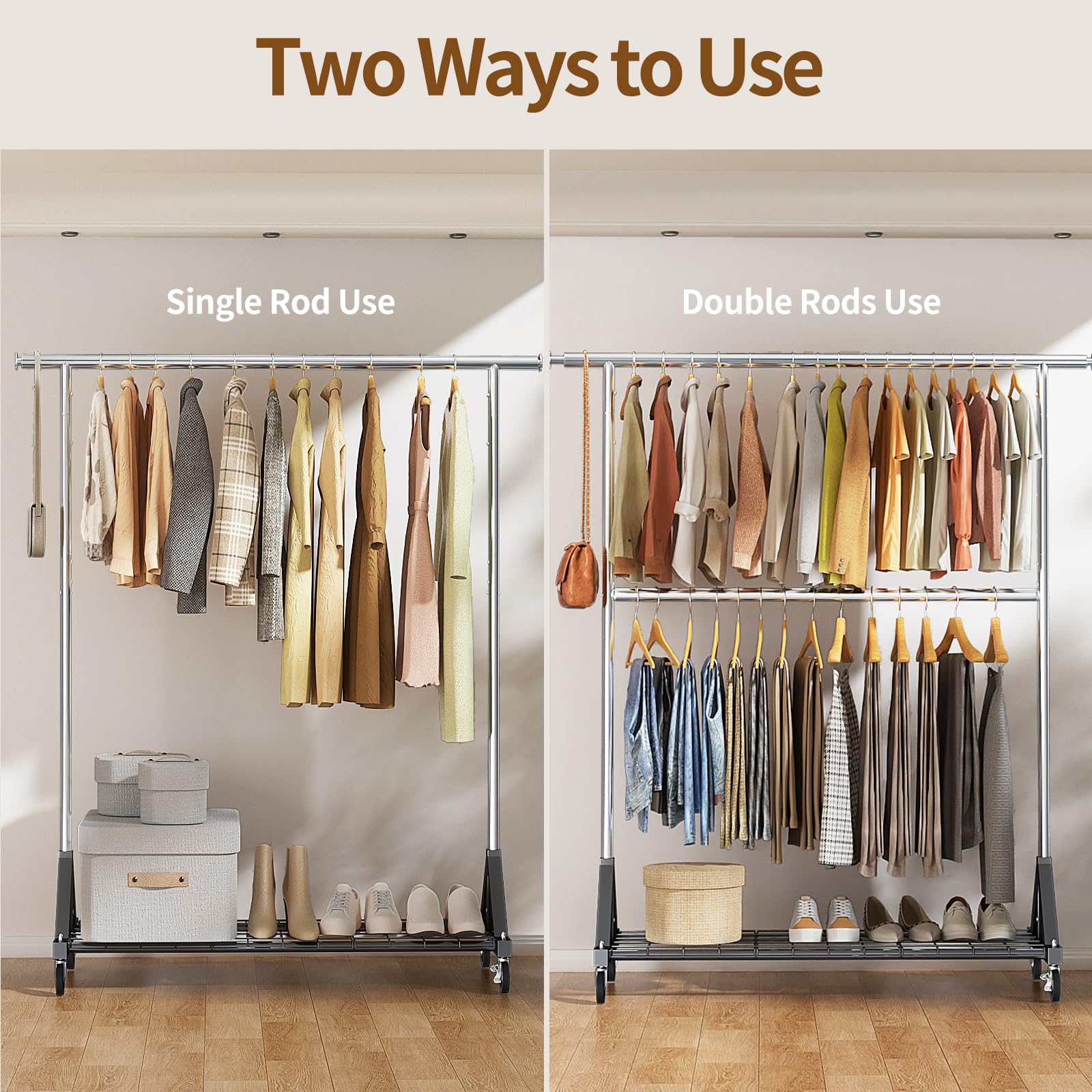 Luxspire rack telescopic rods highlight extra hanging capacity on sides.