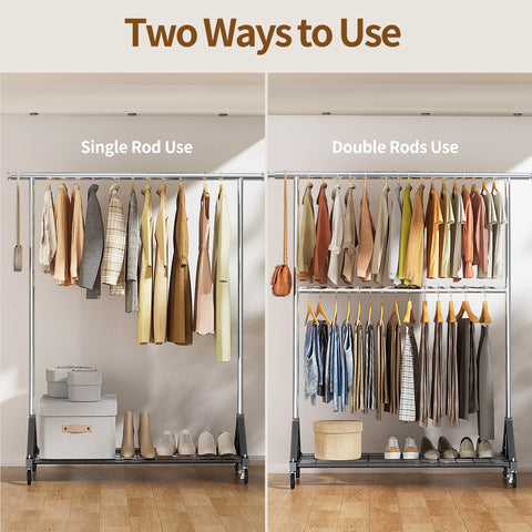 Luxspire rack telescopic rods highlight extra hanging capacity on sides.