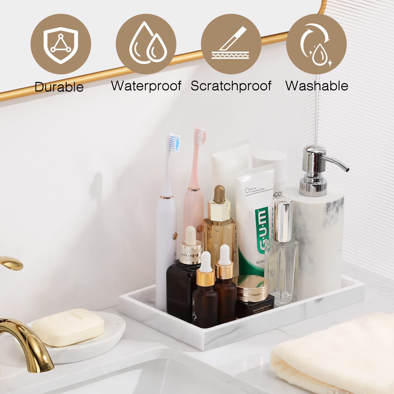 Luxspire marble vanity tray top-angle highlights durable resin and waterproof surface.