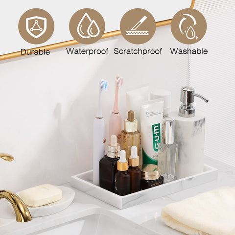 Luxspire marble vanity tray top-angle highlights durable resin and waterproof surface.