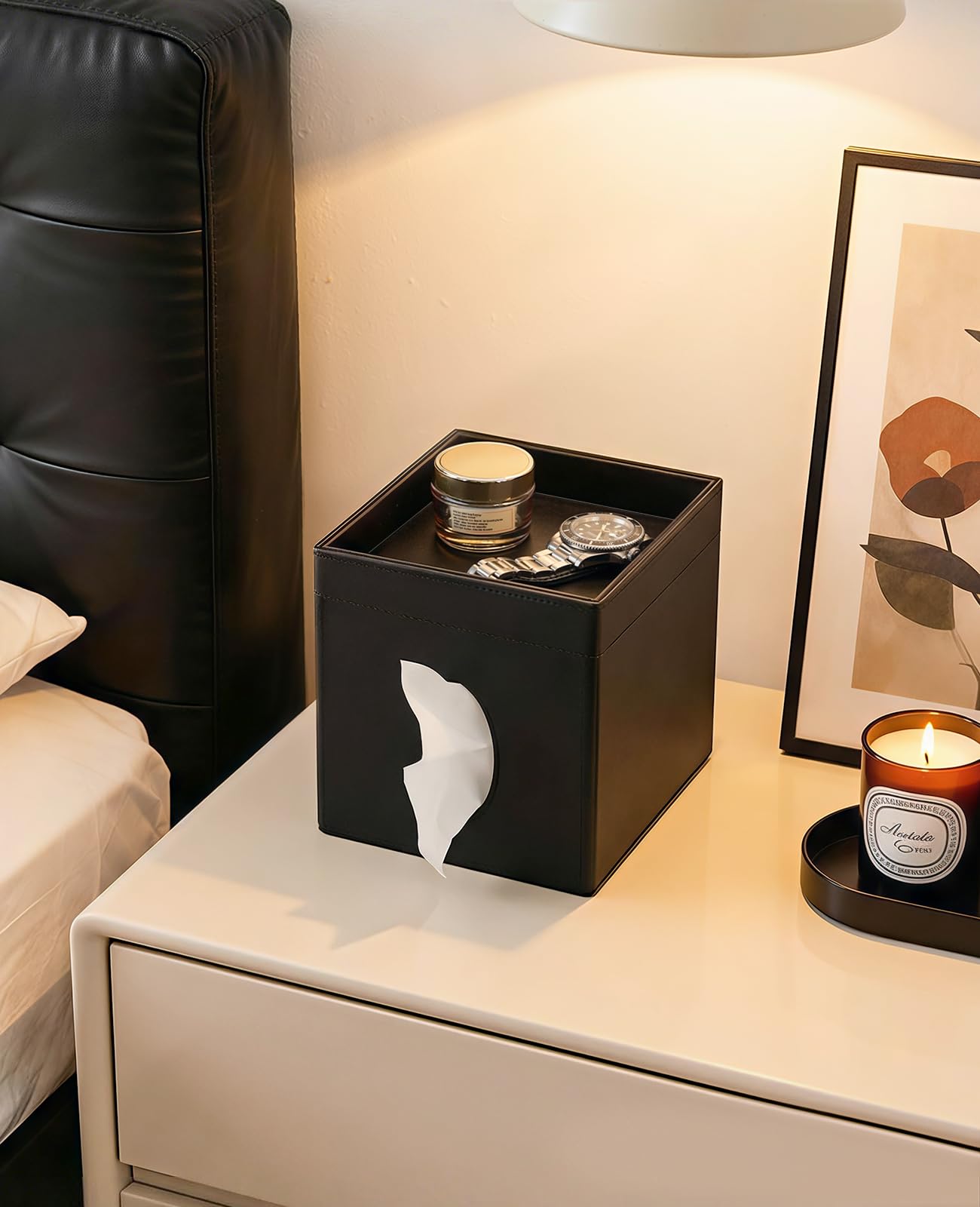 Luxspire tissue box cover showing magnetic closure for easy refills.