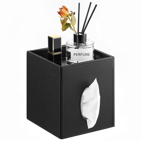 Luxspire square tissue box cover with top storage tray for organized vanity items.