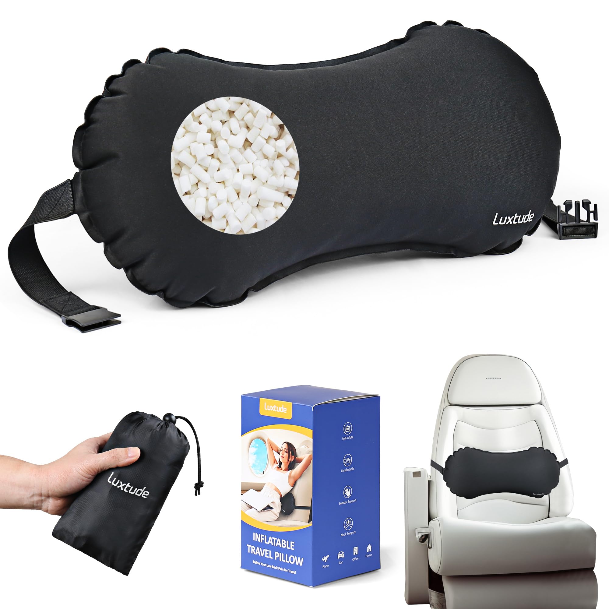 Luxtude inflatable lumbar pillow on airplane seat for back comfort
