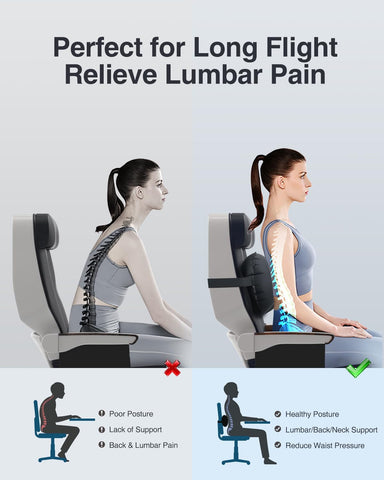 Luxtude lumbar pillow rolled in its storage bag for easy travel