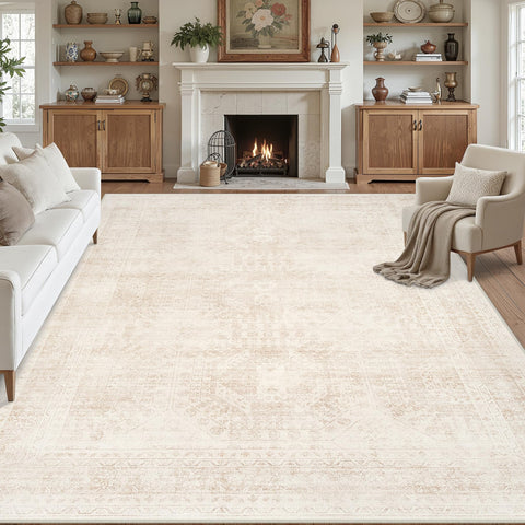 Luxturiy 8x10 vintage beige area rug enhances living room warmth.