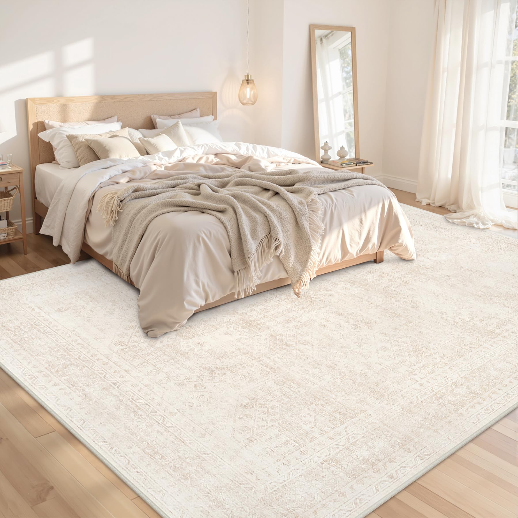 Luxturiy boho neutral 8x10 rug adds cozy texture to bedrooms and lounges.