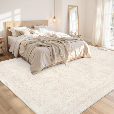 Luxturiy boho neutral 8x10 rug adds cozy texture to bedrooms and lounges.