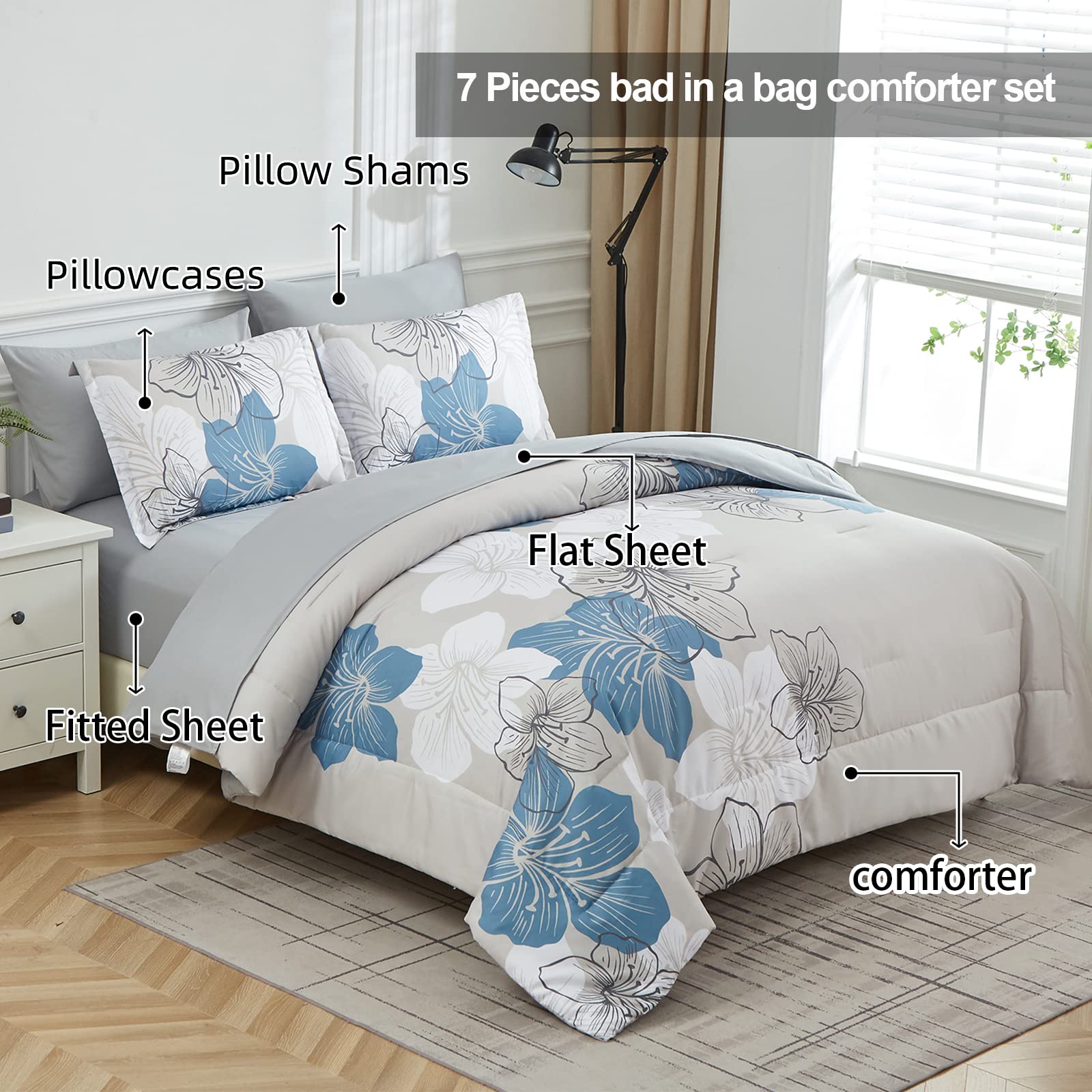 Luxudecor blue floral pillow shams on bed add elegant accent and protection.