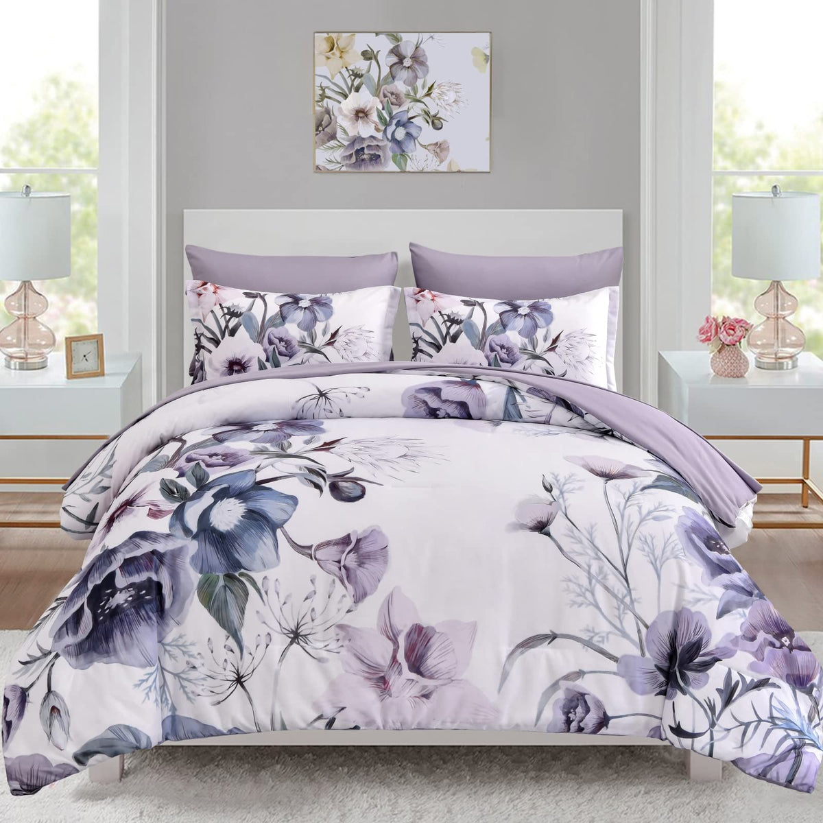 Luxudecor floral comforter on queen bed showcasing vibrant purple blooms for a romantic bedroom upgrade