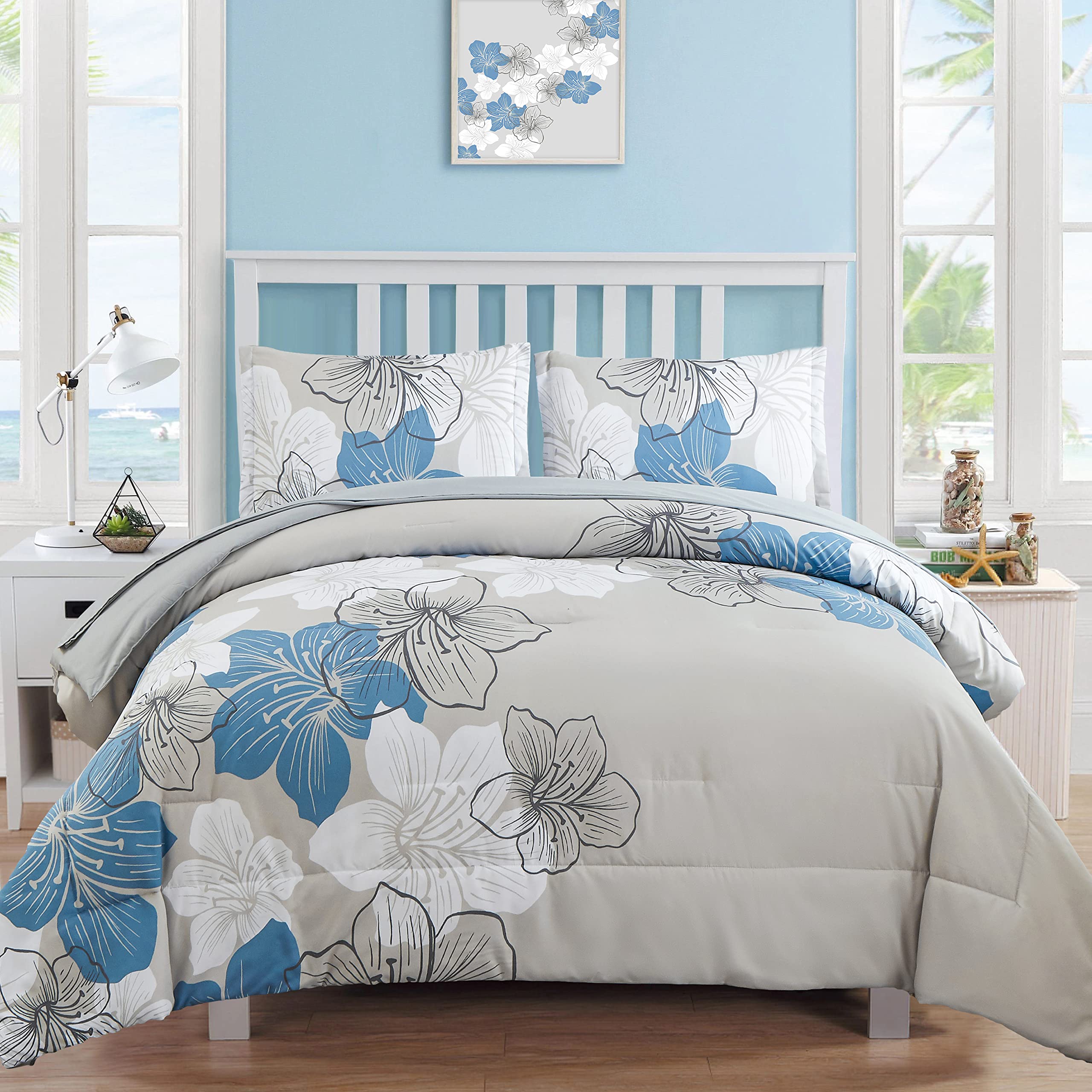 Luxudecor floral comforter set queen close-up shows plush microfiber texture and year-round warmth.