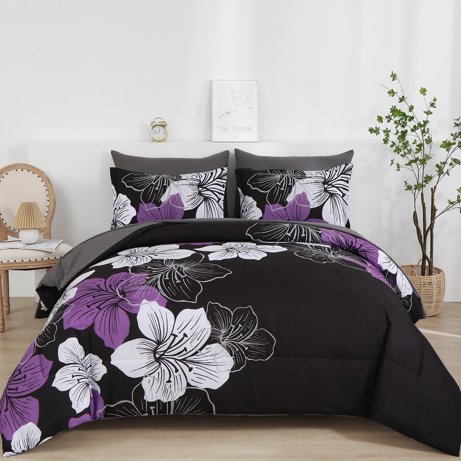 Luxudecor floral comforter set with reversible design and purple flowers on black.