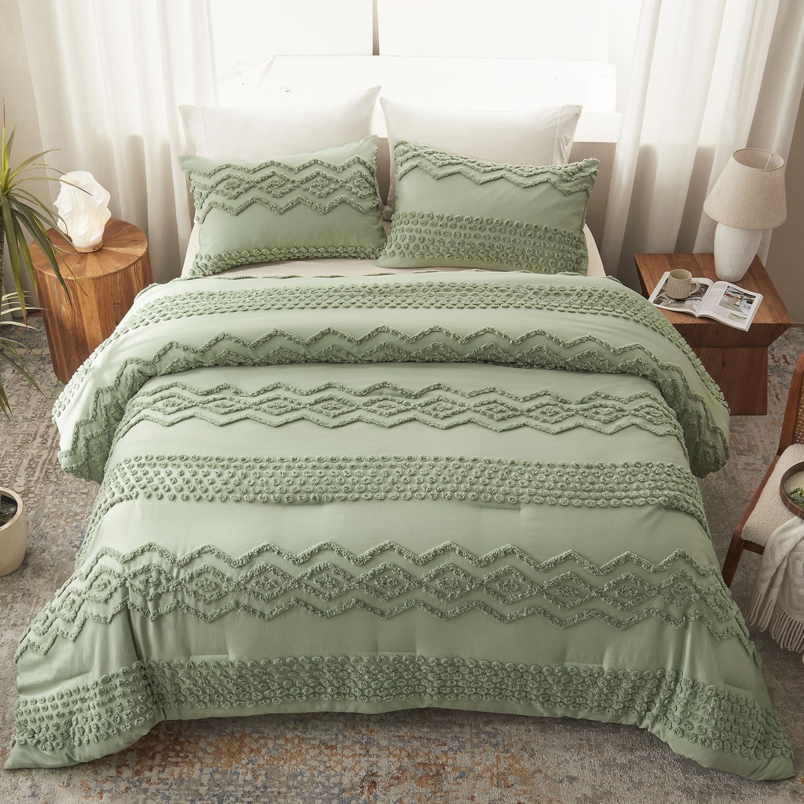 Gift-ready Luxudecor sage green bed set styled in a cozy, inviting room.