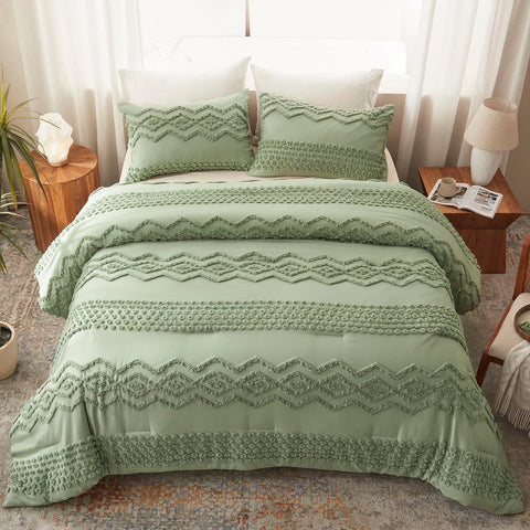 Gift-ready Luxudecor sage green bed set styled in a cozy, inviting room.