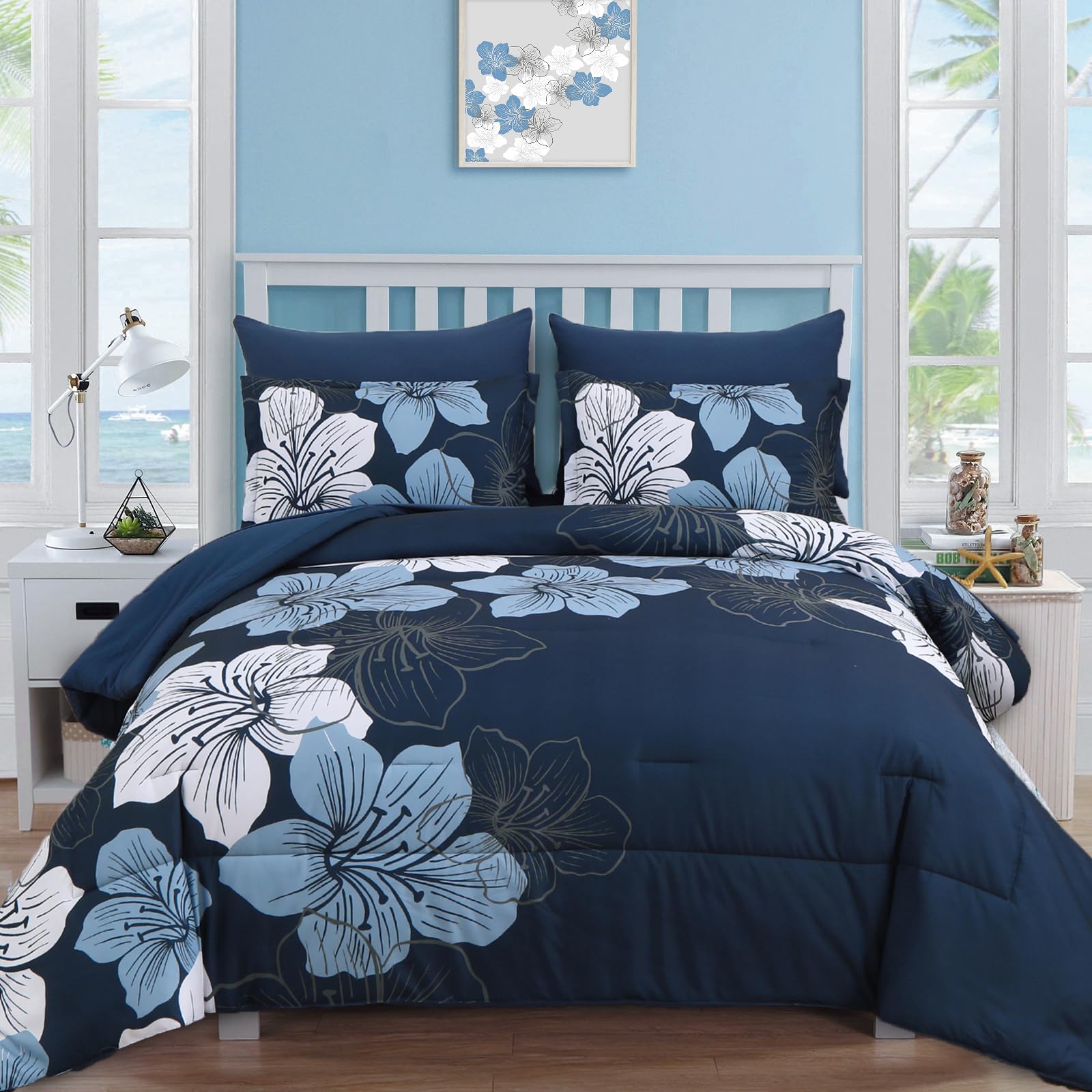 Luxudecor navy blue floral comforter for all-season softness.