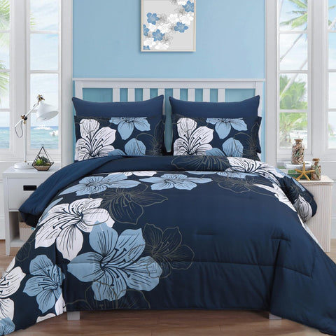 Luxudecor navy blue floral comforter for all-season softness.