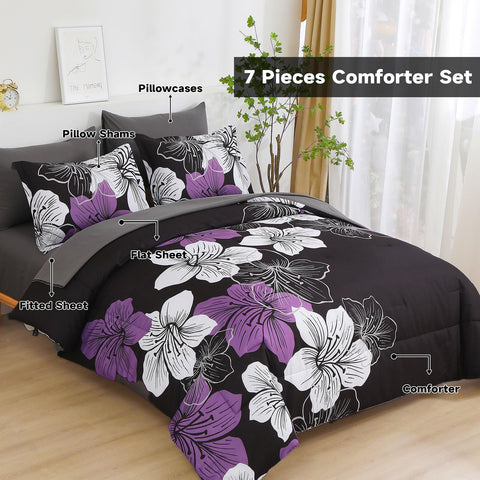 Luxudecor purple flower on black design enhances bedroom elegance.