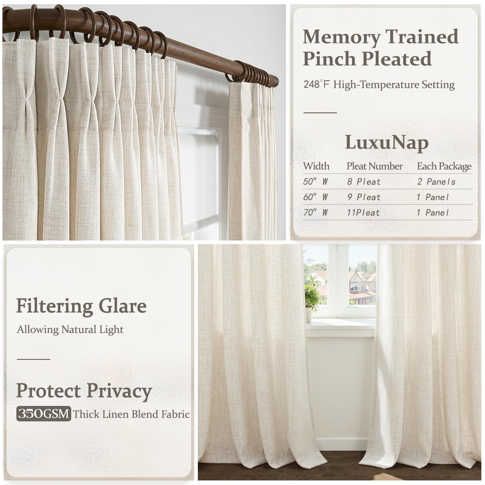 LuxuNap light-filtering curtains diffuse daylight while preserving privacy.