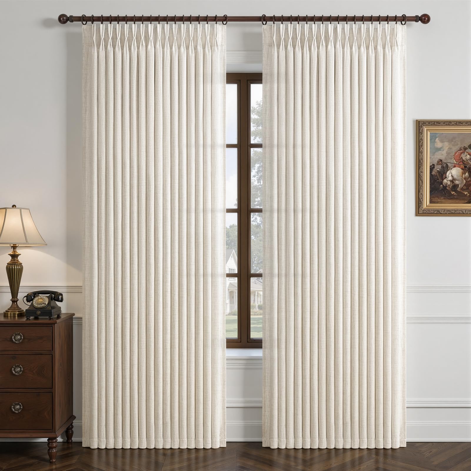 LuxuNap pinch-pleated curtain with sharp folds for refined living room styling.