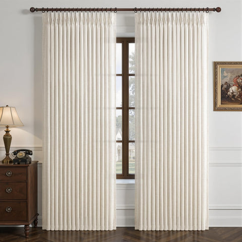 LuxuNap pinch-pleated curtain with sharp folds for refined living room styling.