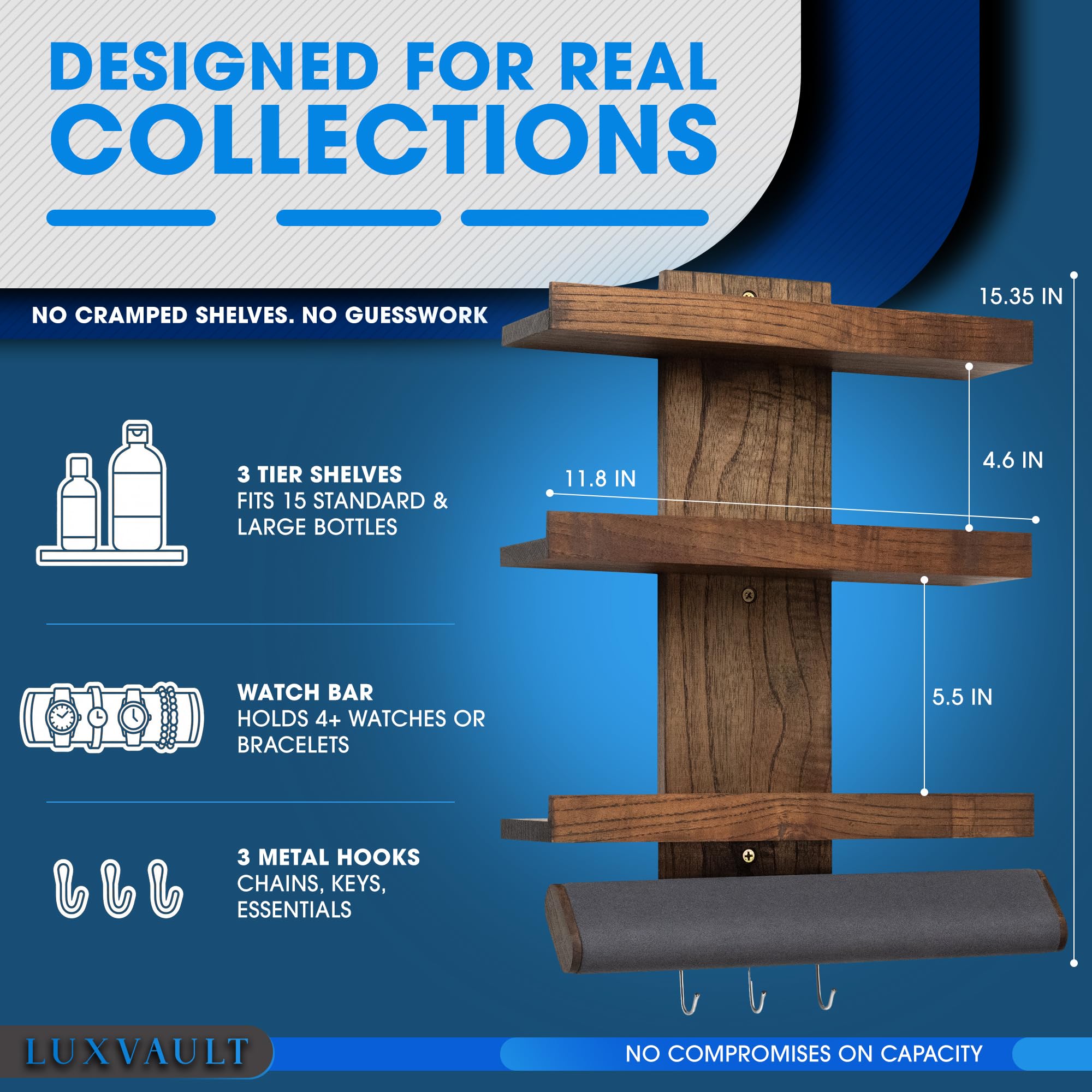 LUXVAULT bedroom setup with space-saving wall shelf reducing clutter.