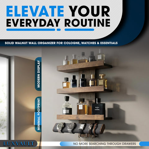 LUXVAULT wall-mounted Cologne Organizer close-up hardware for secure mounting.