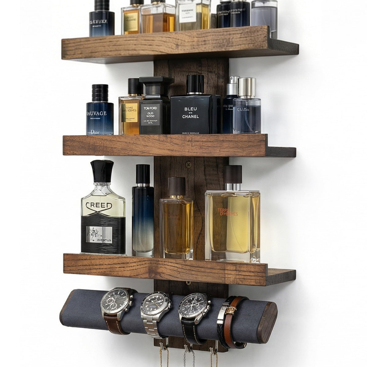 LUXVAULT wall-mounted Cologne Organizer front view displaying fragrances and accessories.