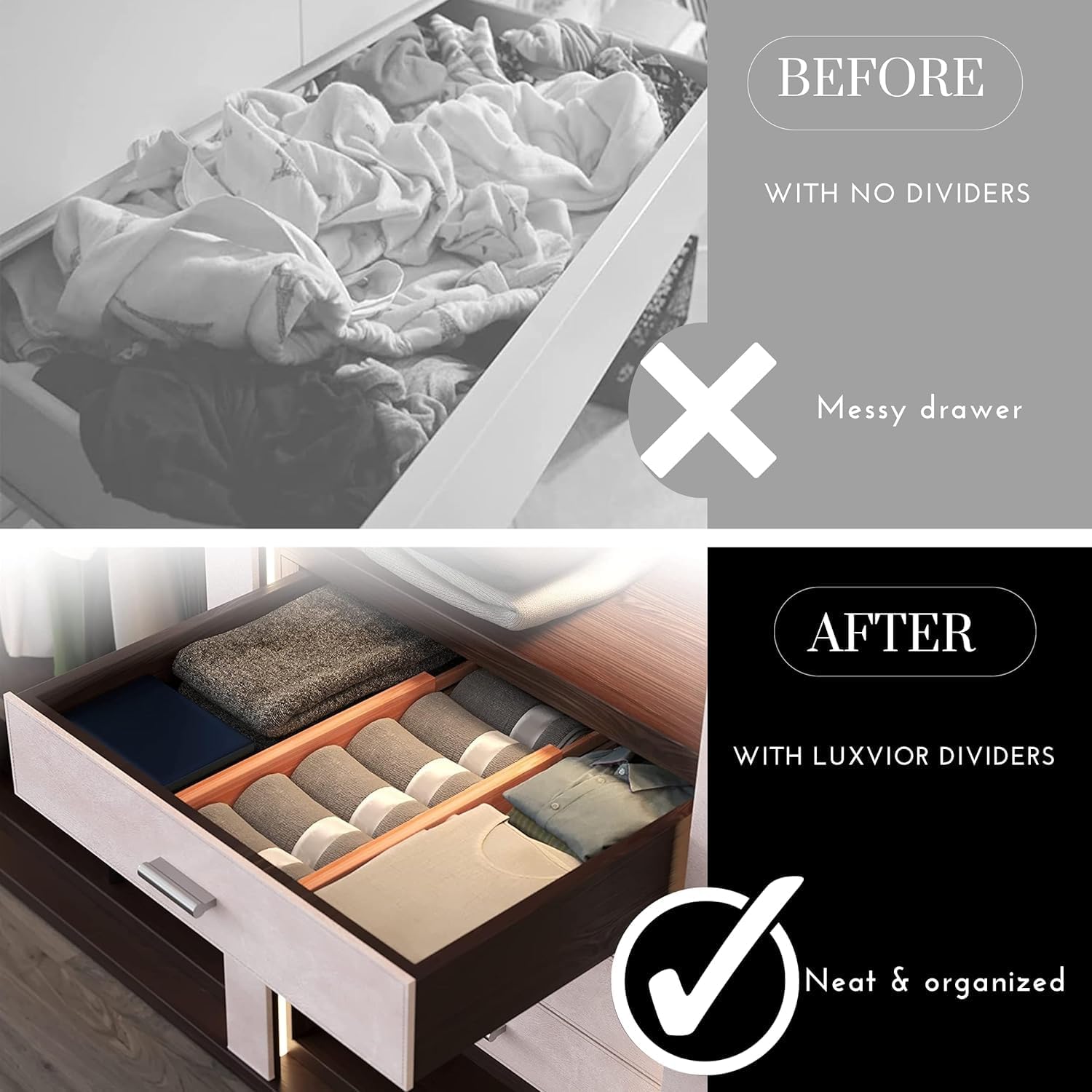 Bamboo drawer dividers in a kitchen drawer organize utensils